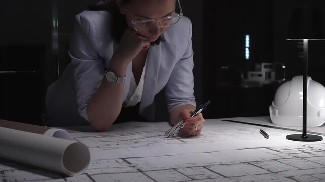 Female architect drawing blueprints for new building design, working late in office, creating architectural plans.