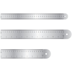 Realistic Metal Rulers Set with Metric and Imperial Measurements Isolated on White Background