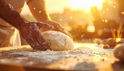 Golden Sunlight Illuminates Baker Hands Kneading Dough Dust Particles Floating in Warm Evening Light Outdoors Wooden Table Flour Visible