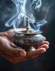 Close up of two hands holding an ornate silver incense burner with fragrant smoke rising against a dark moody background with soft lighting