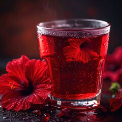 Vibrant Red Hibiscus Tea in Glass Tumbler with Fresh Flowers and Subtle Steam Dark Moody Background Beverage Photography