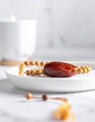 A single ripe date rests on a white plate beside a wooden prayer bead necklace with a lit candle in the soft background on a marble surface