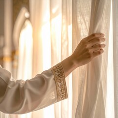 Elegant Woman Pulling Back White Sheer Curtains Revealing Golden Sunlight and Architectural Archways in a Softly Lit Room
