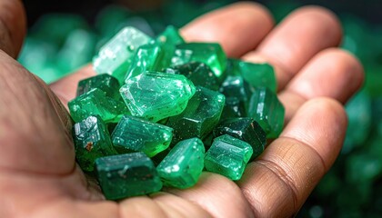 Close up of a human hand holding a pile of rough green emerald gemstones sparkling under natural light detailed texture and clarity in a shallow depth of field