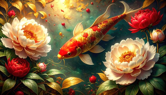 A vibrant koi swims amidst peonies and golden foliage, dreamy atmosphere