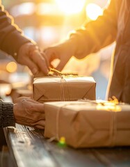 Golden Hour Sunlight Bathes Hands Exchanging Wrapped Gifts With Rustic Twine Bows on Wooden Surface