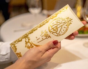 Person Holding Ornate Gold Embellished Menu Card With Intricate Design in a Restaurant Setting with Soft Lighting
