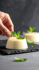 Close-up of a hand delicately placing a fresh green mint leaf on a creamy white panna cotta dessert with a dark textured background and soft natural lighting