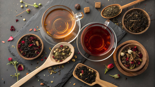 Overhead view of various loose leaf teas and brewed herbal infusions in glass cups on a dark slate surface