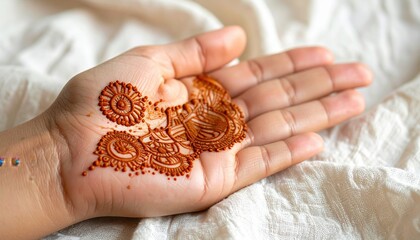 Close-up view of a left hand adorned with intricate brown henna mehndi designs and patterns on a white textured fabric background soft natural lighting