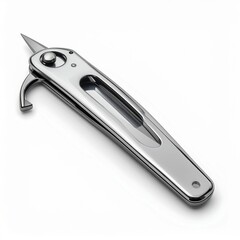 Compact Silver Utility Knife with Integrated Hook and Blade on a White Background Showing Precision Tool Design