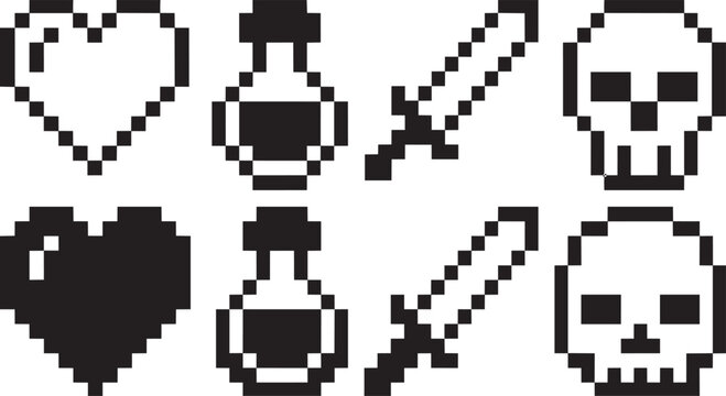 Set of 8-bit pixel art retro game icons. Vector black mosaic heart, magic potion bottle, sword weapon, and skull symbols.