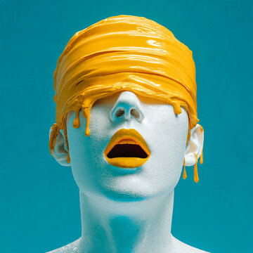 T&ecirc;te avec bandeau jaune sur les yeux et coulure de peinture jaune