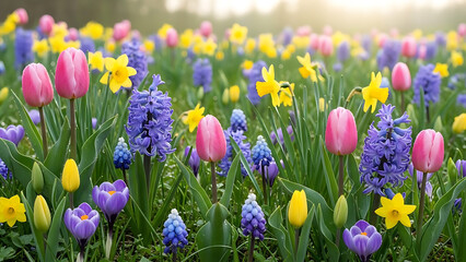 Colorful spring flowerbed filled with tulips daffodils and hyacinths in vibrant pink purple and yellow hues soft morning light © Ashik Ar