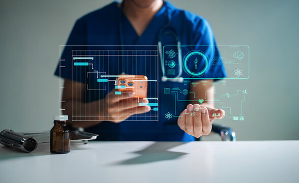 Medical professional using futuristic AI digital interface with healthcare data analytics and smart medical technology, representing innovation, health tech