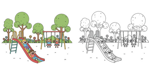 Fototapeta premium Happy Children Playing on a Slide and Swings in a Park - Outdoor Fun