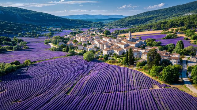 A scenic aerial view of a quaint village surrounded by vibrant purple lavender fields, nestled in a valley