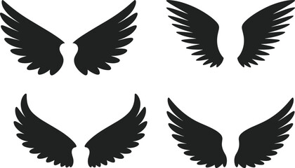 Obraz premium Black angel wing silhouettes set, symmetrical flying feather emblems and abstract wing icons isolated on white background vector illustration collection