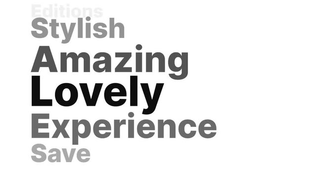 Horizontal Kinetic Typography Sale Loop. Black and White Scrolling Text Animation with Positive Adjectives. Minimalist Seamless Promo Background for Banner or Luma Matte.