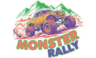 Extreme Off-Road Monster Truck Rally vector art. Massive tires vehicle driving up hill illustration. Vintage motorsports racing competition graphic. © Babski