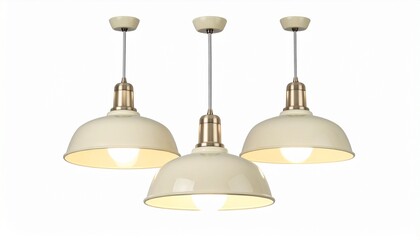 Obraz premium Pendant lights with cream metal shades, brass accents, warm glow, vintage industrial interior design