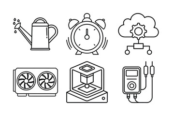 Mixed Line Art Icon Set Featuring Gardening, Time, Cloud Computing, and Electronics Symbols
