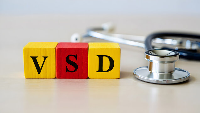 Yellow and red blocks spell V S D next to a silver stethoscope on a wooden surface
