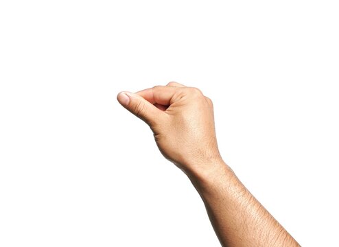 Male hand making a gesture of holding a card or business card. Some types of documents ID card Or a passport, coin, or something. Isolated on a white background.	