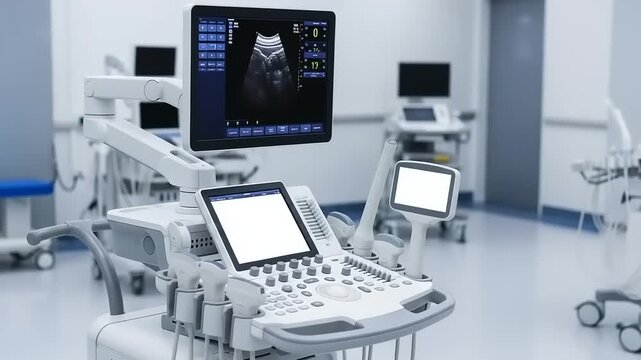 Modern medical ultrasound machine in a clean hospital room.