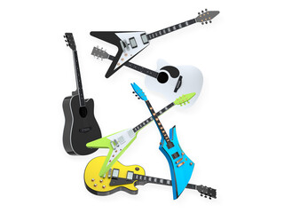 Fototapeta premium Set of electric and acoustic guitars with unique body shapes isolated on white background, concept of music variety