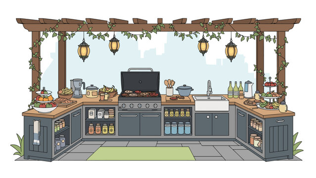 Spacious outdoor kitchen area under a wooden pergola with a large grill, sink, and various cooking supplies for backyard entertaining.
