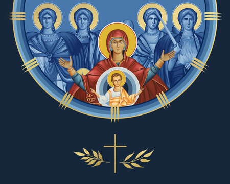 Blessed Virgin Mary and Jesus Christ with four cardinal points (Archangel Gabriel, Uriel, Raphael and Michael). Illustration in Byzantine style isolated