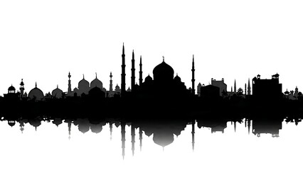 Naklejka premium Majestic City Skyline Silhouette at Dusk with Reflection on Calm Waters
