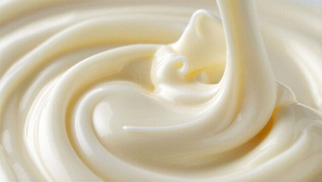 Pouring thick, white cream or yogurt in a swirling motion, close-up