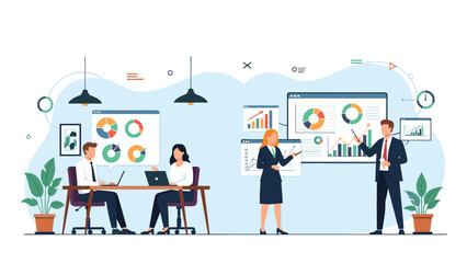 Modern business team analyzing colorful data visualizations and financial infographics on digital screens in an office setting.
