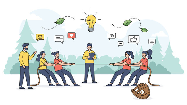 Energetic team building exercise featuring people playing tug-of-war in a park under a symbolic idea lightbulb icon.