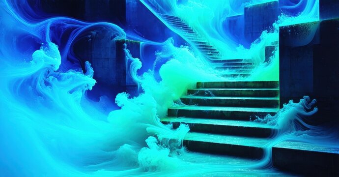 Mysterious stairs bathed in vibrant blue, yellow light. Swirling energy surrounds stone structure, creating ethereal scene. Dramatic shadows enhance depth.
