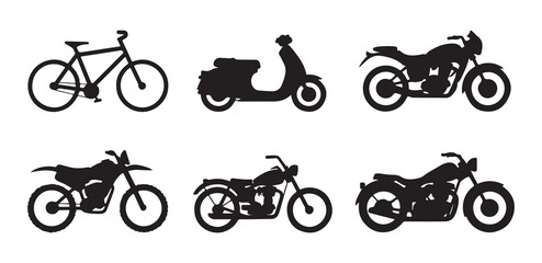 Obraz premium Motorcycle and bicycle silhouette set featuring various bike types and scooter icons on white background