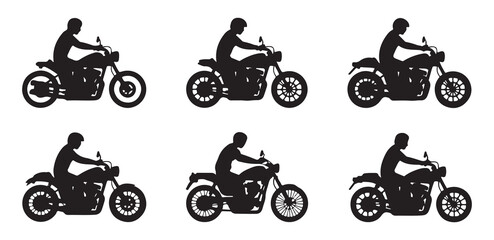 Biker silhouettes riding motorcycles set showing different poses and helmet styles on isolated background © Lover