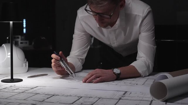 Architect designing building plans at night, working overtime on a new construction project with tools and blueprints.