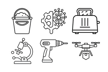Mixed Line Art Icon Set Featuring Household, Science, Technology, and Construction Symbols
