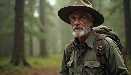 Obraz premium Elderly man with grey beard and hat hikes in forest with backpack. He looks serious and experienced. He is dressed for outdoor adventure. He appears focused on his surroundings.