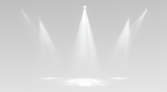 Abstract stage spotlights beams, bright cone light with haze fog atmosphere and empty floor glow on transparent background white spotlight light beams isolated 