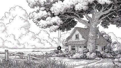 Cozy Cottage Under a Large Oak Tree with Tire Swing and Scenic Landscape