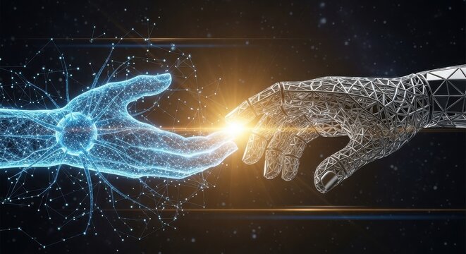 Digital human hand reaching out to touch robotic metal hand with bright light