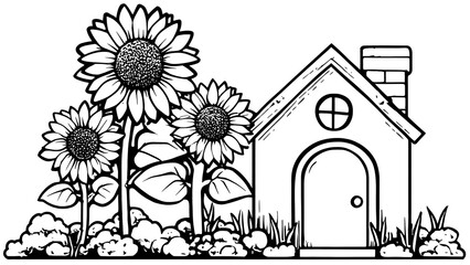 Cute Coloring Page for Toddlers Featuring Sunflowers and a Small House