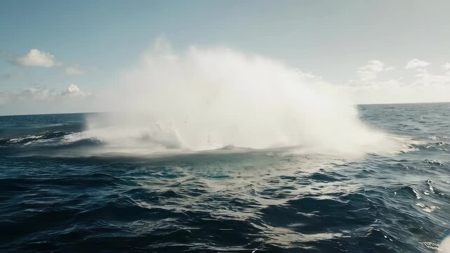 A Humpback whale breaching completely out of the ocean with huge splash
