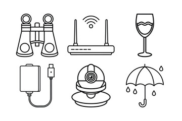 Mixed Line Art Icon Set Featuring Technology, Travel, and Daily Life Symbols
