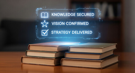 Stack of books with glowing strategy checklist on a wooden desk in a blurred background