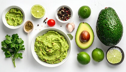 Obraz premium A vibrant assortment of fresh avocado, limes, and guacamole in bowls on a clean background